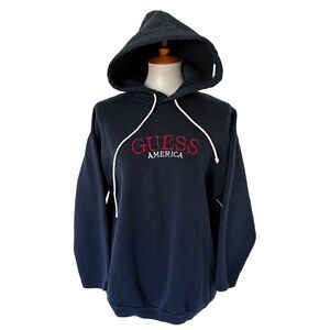 Vintage 90s GUESS AMERICA Men's Navy Blue Hoodie Sweatshirt Jumper USA Made S/M